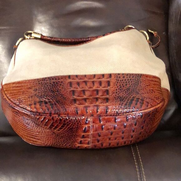 BRAHMIN Canvas and Warm Brown Crocodile Leather Shoulder Bag with Medallion - Picture 9 of 17